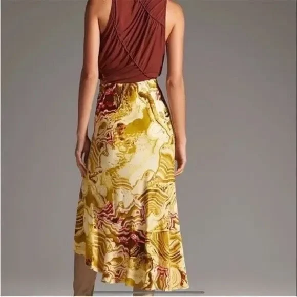 Anthropologie Marble Asymmetrical Hem Flounced Ruffle Midi Skirt Size Medium - Picture 2 of 8